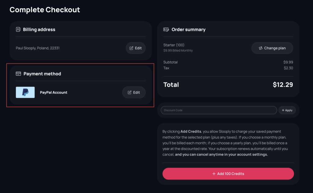 Slooply Change Payment Method